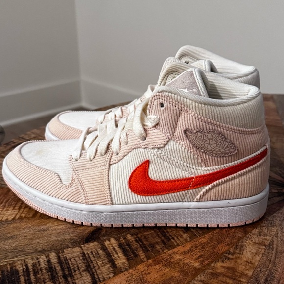 NIKE Air Jordan Mid 1 Women's Corduroy Sneakers - White and Orange - Picture 3 of 15